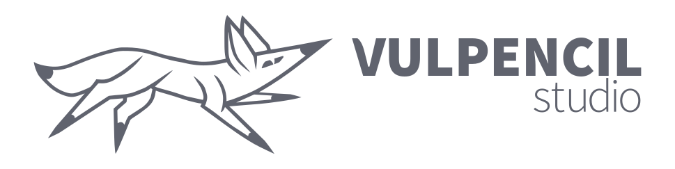 Vulpencil studio is the phrase this logo image contains. To the left is a 
  simplified graphic of a fox pencil hybrid, as indicated by its eraser-shaped eye,
  pencil shaped-muzzle, and pencil-tipped legs and tail. The right side of this logo
  contains the brand's name: Vulpencil studio. The V in Vulpencil is slightly edited soft
  it mirrors the shape of the pupil the pencil-like fox has. In addition, Vulpencil is in 
  a much bolder font compared to studio.